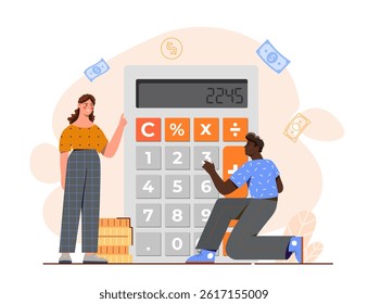 People count money. Man and woman near huge calculator, banknotes and gold coins. Financial literacy and passive income. Accounting and budgeting. Flat vector illustration