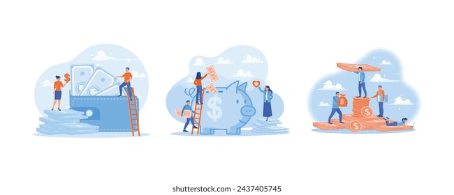 People counting money in big wallets. Putting money into a piggy bank. Revenue management. Saving Money concept. Set flat vector illustration.