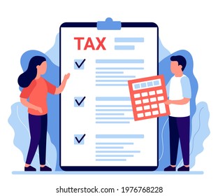 People are counting taxes. Fees paying on law, tax insurance. Financial charge, obligatory payment calculating, expenses. Personal income tax, doing taxes, credit. Vector flat illustration