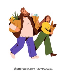 People couple carrying paper bags from grocery store. Happy man and woman going from supermarket shopping. Family walking with food products. Flat vector illustration isolated on white background.