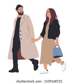 People Couple Character Date. Family Lover Pair Walk Together and Talk.  Happy Relationship Flat Cartoon Vector Illustration