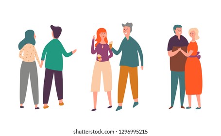 People Couple Character Date Set. Family Lover Pair Walk Together, eat Ice Cream and Talk. Adult Man Dance with Woman Romantic Valentine Collcetion. Happy Relationship Flat Cartoon Vector Illustration