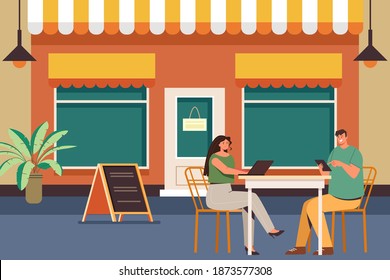 People couple characters sitting in cafe street outside concept. Vector flat graphic design illustration