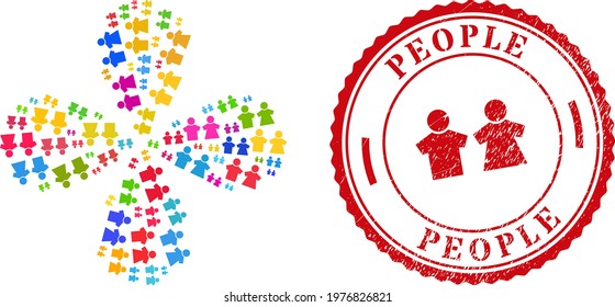 People Couple Colorful Twirl Abstract Flower, And Red Round PEOPLE Grunge Stamp Seal. People Couple Symbol Inside Round Seal. Element Twist Done From Scattered People Couple Items.