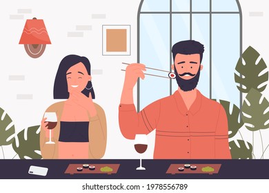 People couple eat sushi in Japanese cafe vector illustration. Cartoon happy young man woman character eating sushi food together, sitting at table in restaurant interior, girl drinking wine background