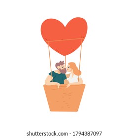 People, couple flying, heart-shaped hot air balloon. Man and woman cuddling, kiss, hug. Romantic date, relationship concept. Scene of love idyl. Flat vector cartoon illustration isolated on white