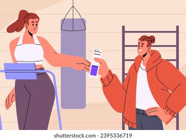 People, couple go to gym together. Trainer helps girl during training. Friend gives bottle of water his fitness fellow. Young woman in sportswear do sport exercise with coach. Flat vector illustration