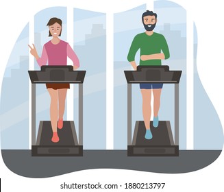 People, a couple of man and woman on a treadmill. Athletic training every day, healthy lifestyle. Sports in the fitness center against the backdrop of the big city. comfortable clothes for sports.