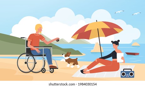 People couple with pet dog in summer beach vacation vector illustration. Cartoon young disabled man character in wheelchair training doggy animal friend, woman sitting under beach umbrella background