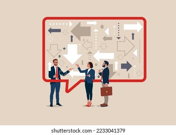 People or couple talk or have lively discussion in office. Productive dialogue or conversation between man and woman. Searching for direction at arrows pointing to many directions. Vector illustration