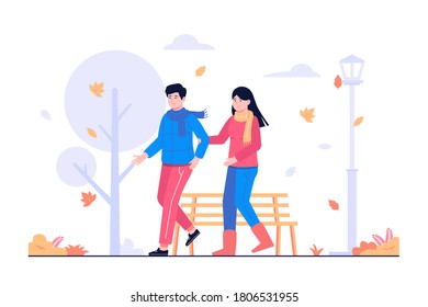 people couple walking together in autumn concept illustration