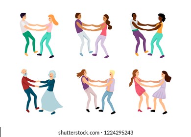 People in couples hold hands and dance, or rejoice at a party or a holiday