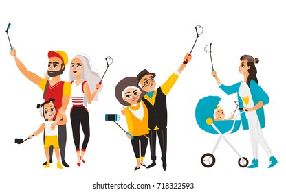 People, couples making selfie using phone and monopod, flat cartoon vector illustration isolated on white background. Young mother, couple and family members all making selfie with phones and monopods