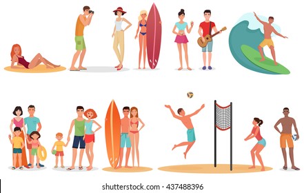 People and couples on vacation beach mega big set. Summer travel holidays and beach active sport activities.