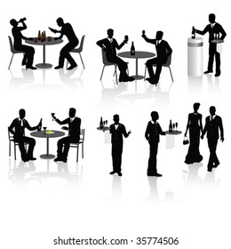 People, couples and a waiters in restaurant, vector illustration.