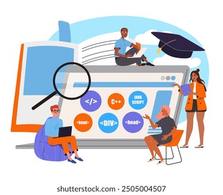 People with IT courses. Men and women near website with programming languages. Online coding and programming courses. Education and training, learning. Flat vector illustration