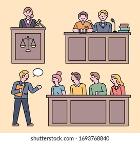 People of the Court. The judge and the jury are sitting and the lawyer is defending. flat design style minimal vector illustration.