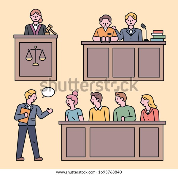 People of the Court. The judge and the jury\
are sitting and the lawyer is defending. flat design style minimal\
vector illustration.