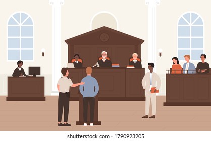 People in Court vector illustration. Cartoon flat advocate barrister and accused character standing in front of judge and jury on legal defence process or court tribunal, courtroom interior background