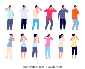 People cover face. Covering eyes, timides shy woman man. Business person worried, isolated flat blinded or shame characters utter vector set