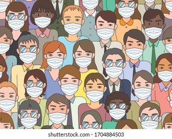 People covered their face with medical mask. Seamless pattern.