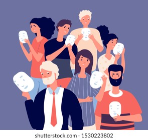 People covering faces with masks. Group of persons hide negative face emotion behind positive mask, fake individuality vector concept