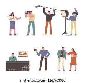 People covering and making news. concept illustration. flat design vector graphic style.