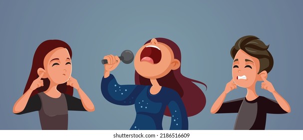 

People Covering Their Ears At Karaoke Singer Vector Cartoon. Woman Having A Bad Singing Voice Annoying The Audience
