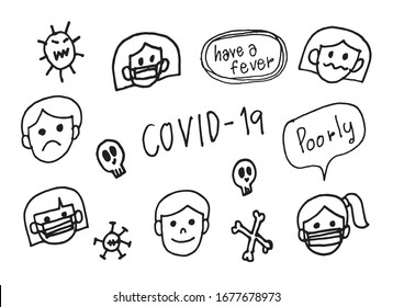 Gente Covid 19 virus.El vector burbuja el conjunto de doodles dibujado a mano del habla . Ilustración. Transmisión conceptual de covid 19, enfermedad del virus Corona 2019.