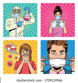 people with covid19 pandemic characters pop art style vector illustration design