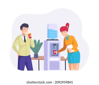 People coworkers drinking water from cooler. Man and woman colleagues enjoy pure aqua feeling thirst at office. Positive person with refreshing beverage chatting to each other having break flat vector