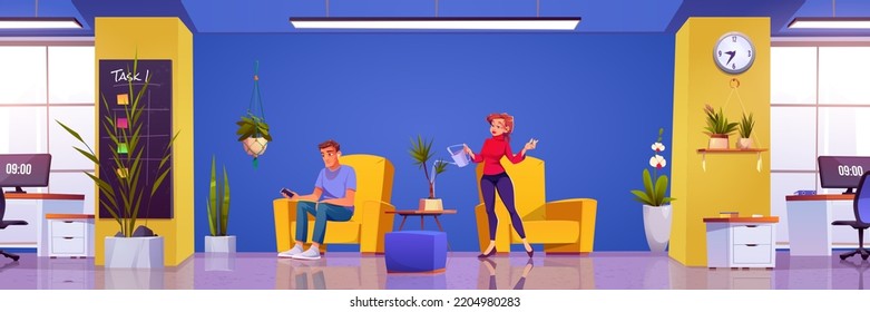 People in coworking area, man work on laptop, woman watering plants in relaxed atmosphere. Business colleagues in boardroom with modern furniture, desks, pc, task boards, Cartoon vector illustration