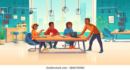 People in coworking area think business idea or develop art project, teamwork, brainstorm concept. Relaxed creative team sitting at desk on armchairs in working space, Cartoon vector illustration