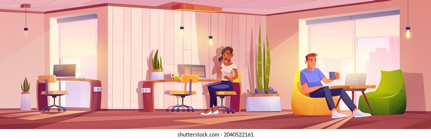 People in coworking area work on pc or laptop, speak by mobile, drink coffee in relaxed atmosphere. Creative business team sit at desk and armchair in room with city view, Cartoon vector illustration