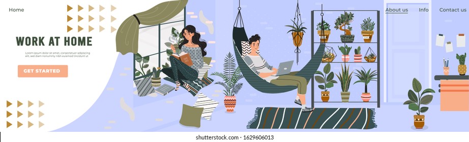 People coworking from home, freelancer worspace lifestyle, vector illustration. Leisure in cozy apartment, woman reading book on windowsill man working laptop in hammock. Work at home comfort website