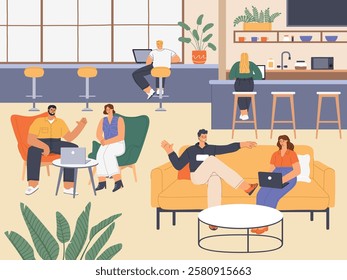 People in coworking. Modern cafeteria interior, freelancers work in common room, various remote areas of activity, vector illustration