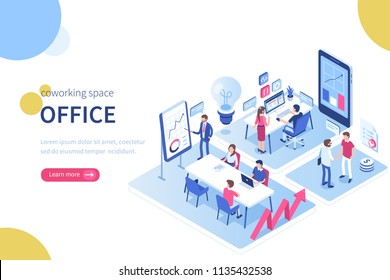 People in coworking office concept design. Can use for web banner, infographics, hero images. Flat isometric vector illustration isolated on white background.