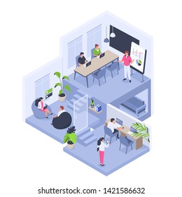 People in coworking office concept design. Can use for web banner, infographics, hero images. Flat isometric vector illustration isolated on white background.