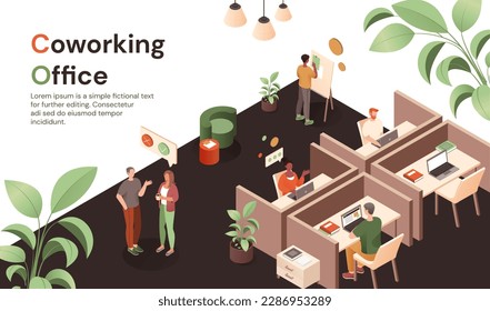 People in coworking office with rooms. Man and woman communicate, young guy near whiteboard. Freelancers and remote employees in workplace. Business and work. Cartoon isometric vector illustration