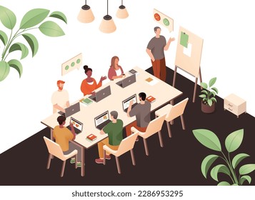 People in coworking office at table. Men and women with laptops sit at table. Colleagues and partners working on common project. Freelancers in casual clothes. Cartoon isometric vector illustration