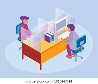 People at the Coworking Space with Plexiglass Separator on the Table to Practice Social Distancing to Prevent the Spread of the Virus Flat Isometric Illustration. EPS 10 Vector.