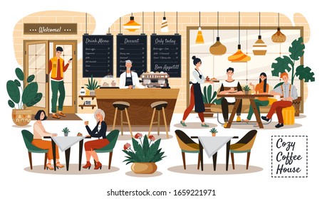 People in cozy cafe, coffee shop interior, customers and waitress, vector illustration. Stylish coffee house with cozy atmosphere. Smiling friends meeting in cafe and talking over a cup of tea