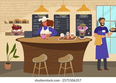 People in cozy cafe, coffee shop interior, waitress, vector illustration. Stylish restaurant, comfortable bakehouse, dessert menu. 