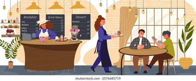 People in cozy cafe, coffee shop interior, customers and waitress, vector illustration. Stylish restaurant, comfortable bakehouse, dessert menu, bakery. Hand drawn vector illustration.