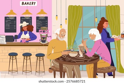 People in cozy cafe, coffee shop interior, customers and waitress, vector illustration. Stylish restaurant, comfortable bakehouse, dessert menu, bakery. Hand drawn vector illustration.