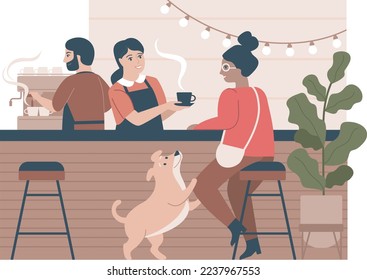 Personas en un acogedor café, interior de café, café de barista, personajes de clientes y camareras, ilustración vectorial plana