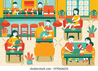 People in Cozy Cafe Vector Illustration in Flat Design Style