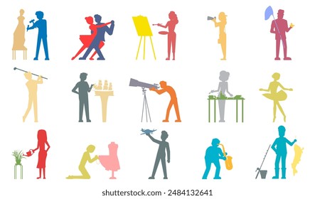 Personas manualidades hobbies silueta colorida conjunto de Ilustración vectorial