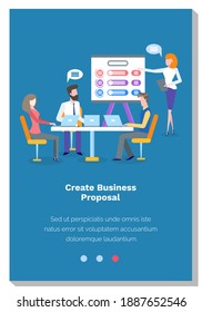 People create business proposal. Colleagues make decisions at meeting. Website landing page template. Characters study business statistics. Manager shows the data on a flipchart vector illustration