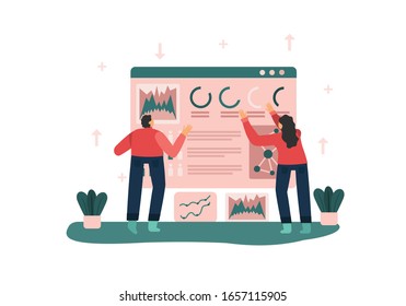 People create a dashboard and interact with charts. Data analysis and office situations. Landing page template. Vector illustration.Analysts work. Small people  with data analysis graphs and charts